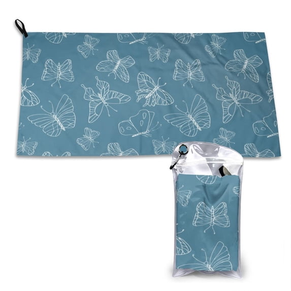 YFYANG Adult Microfiber Portable Travel Towel, Vintage Blue Butterfly Pattern Quick Dry Towel with Hiking Buckle PVC Pouch, 16" x 31.5"