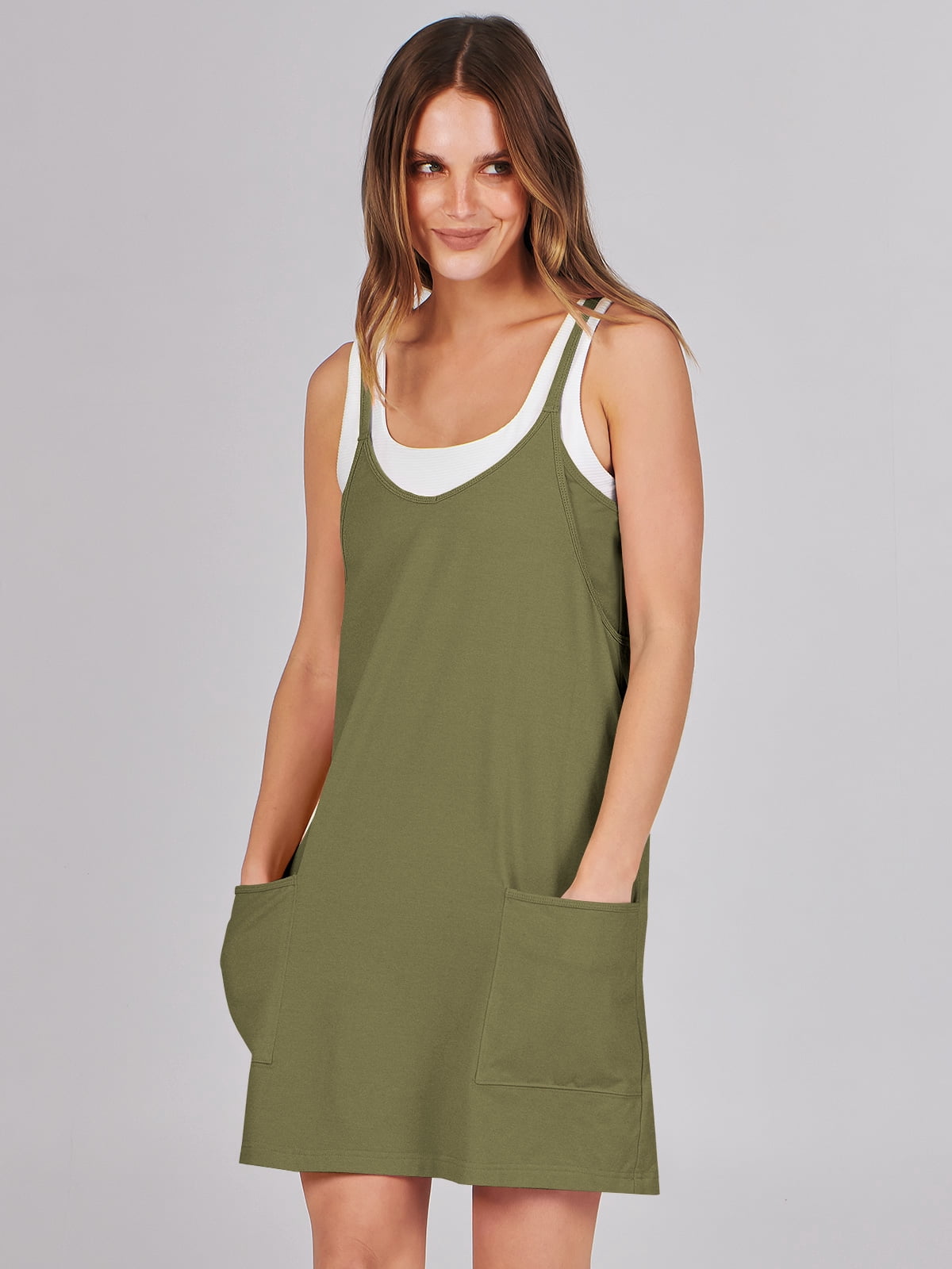 ANRABESS Athletic Dress for Women Tennis Dress with Shorts Summer Active Workout Romper Dress Sleeveless Spaghetti Strap Mini Dress Casual Sundress Vacation Outfits Army Green L