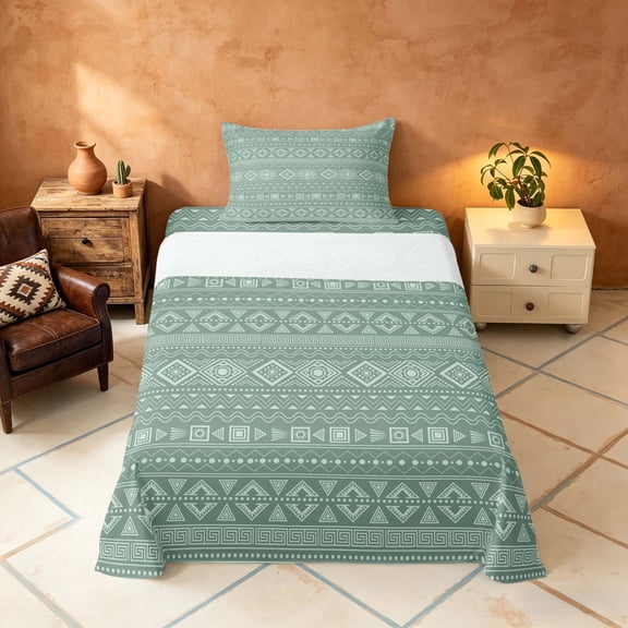 Manfei Bohemian Aztec Twin Sheets,Exotic Style Bedding, Green White, Gray Reversible 3-Piece1 Flat Sheet 1 Fitted Sheet 1 Pillowcase