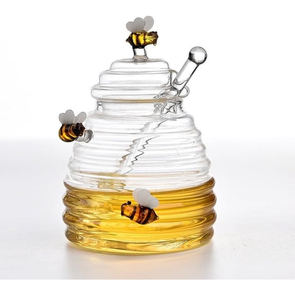 Glass Honey Jar with Dipper and Lid, 17.6oz Heat Resistant Honey Pot, Honey Diapenser Container for Storing Honey and Syrup, Home and Kitchen Organization, Gifts for Her Christmas, Coffee Bar Decor