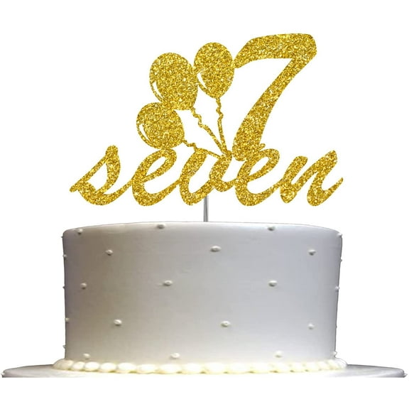 7th Birthday Cake Topper Gold Glitter, Number Seven Children Birthday Party Decoration Ideas, Sturdy Doubled Sided Glitter, Acrylic Stick. Made in USA