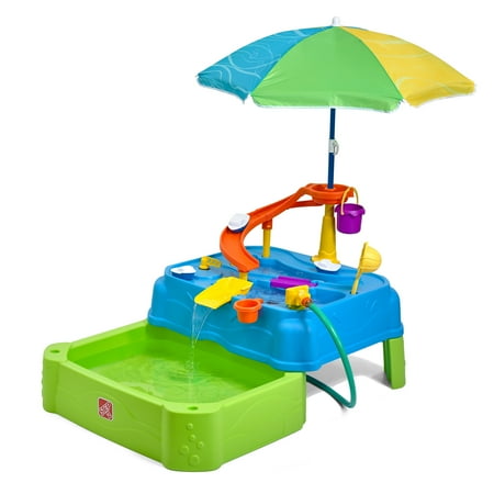 Step2 Waterpark Wonders Two-Tier Blue Plastic Outdoor Toy and Water Table for Toddler with Umbrella
