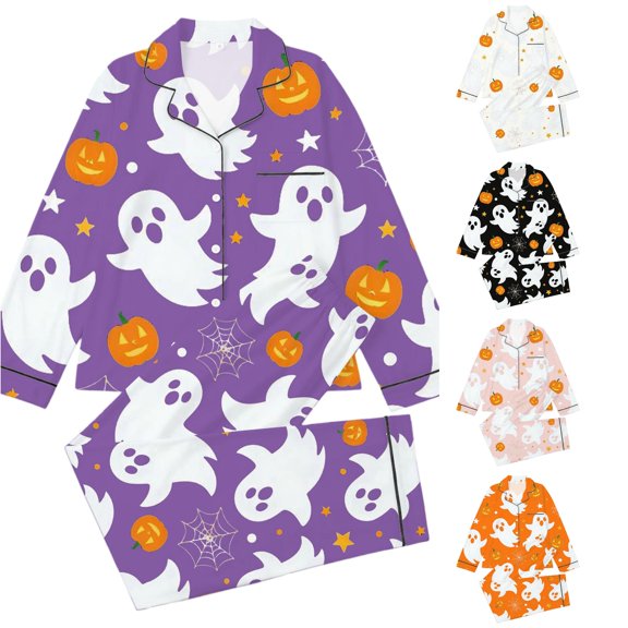 REDARER Kids Ghost Pumpkin Halloween 2 Piece Pajama Set Long Sleeve Button Down Sleep Outfit for Trick or Treat Holiday Nightwear,3-4 Years