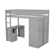 Euroco Wood Twin Size Loft Bed with Desk and Wardrobe, Gray