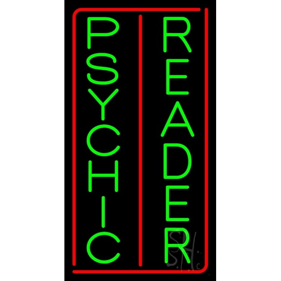 Vertical Green Psychic Reader Red Border LED Neon Sign 24" Tall x 13" Wide - inches Black Square Cut Acrylic Backing, with Dimmer - Bright and Premium built indoor LED Neon Sign for Storefront.