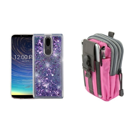 Bemz Quicksand Series Compatible with Coolpad Legacy (2019) Case Bundle: Liquid Glitter Sparkle Hybrid Protector Cover (Purple Hearts), Tactical MOLLE Organizer Travel Pouch (Pink/Gray) and Atom