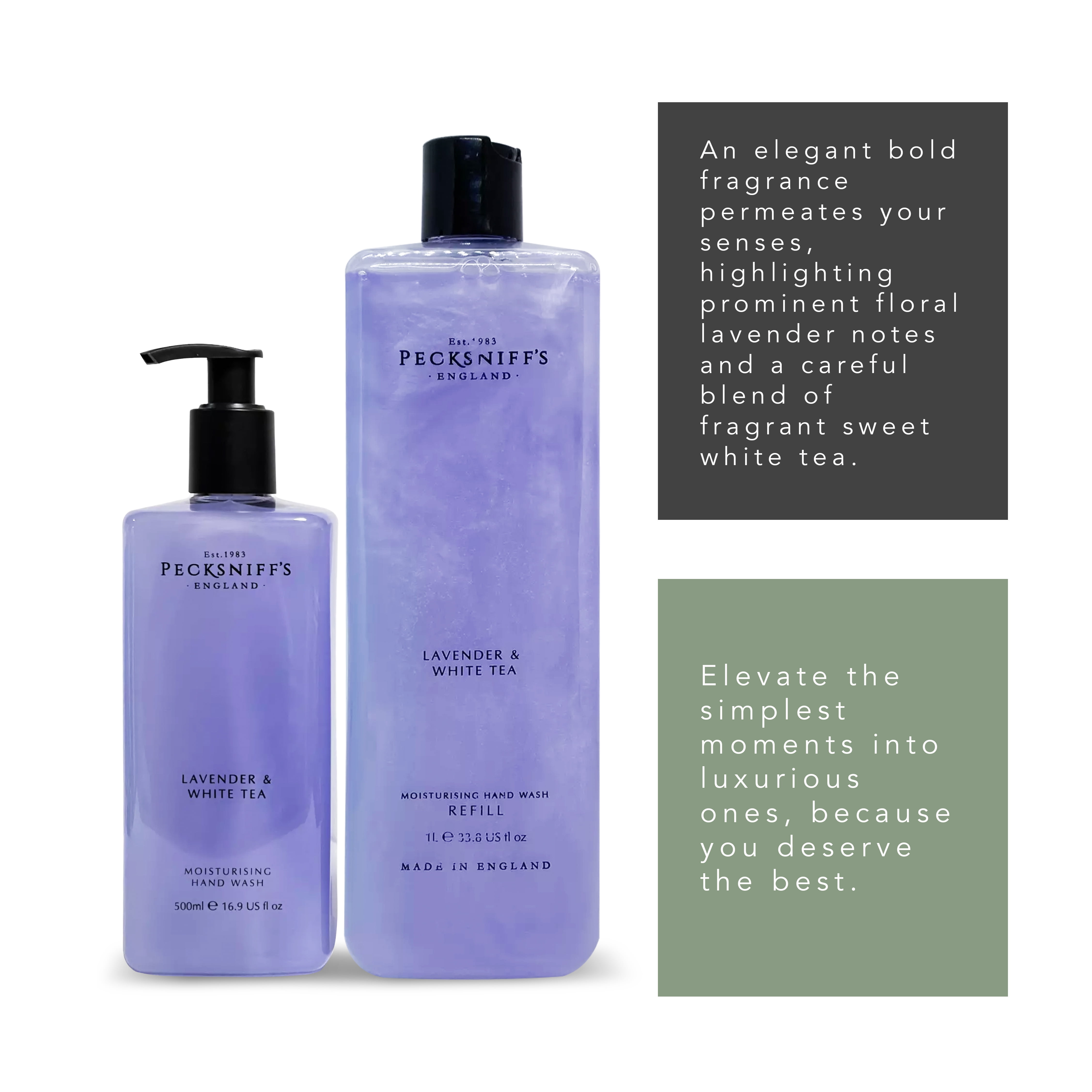Pecksniffs Classic Lavender & White Tea Moisturizing Hand Wash 500ml/16.9 Fl oz and Hand Wash Refill 1L/1000ml,33.8 Oz