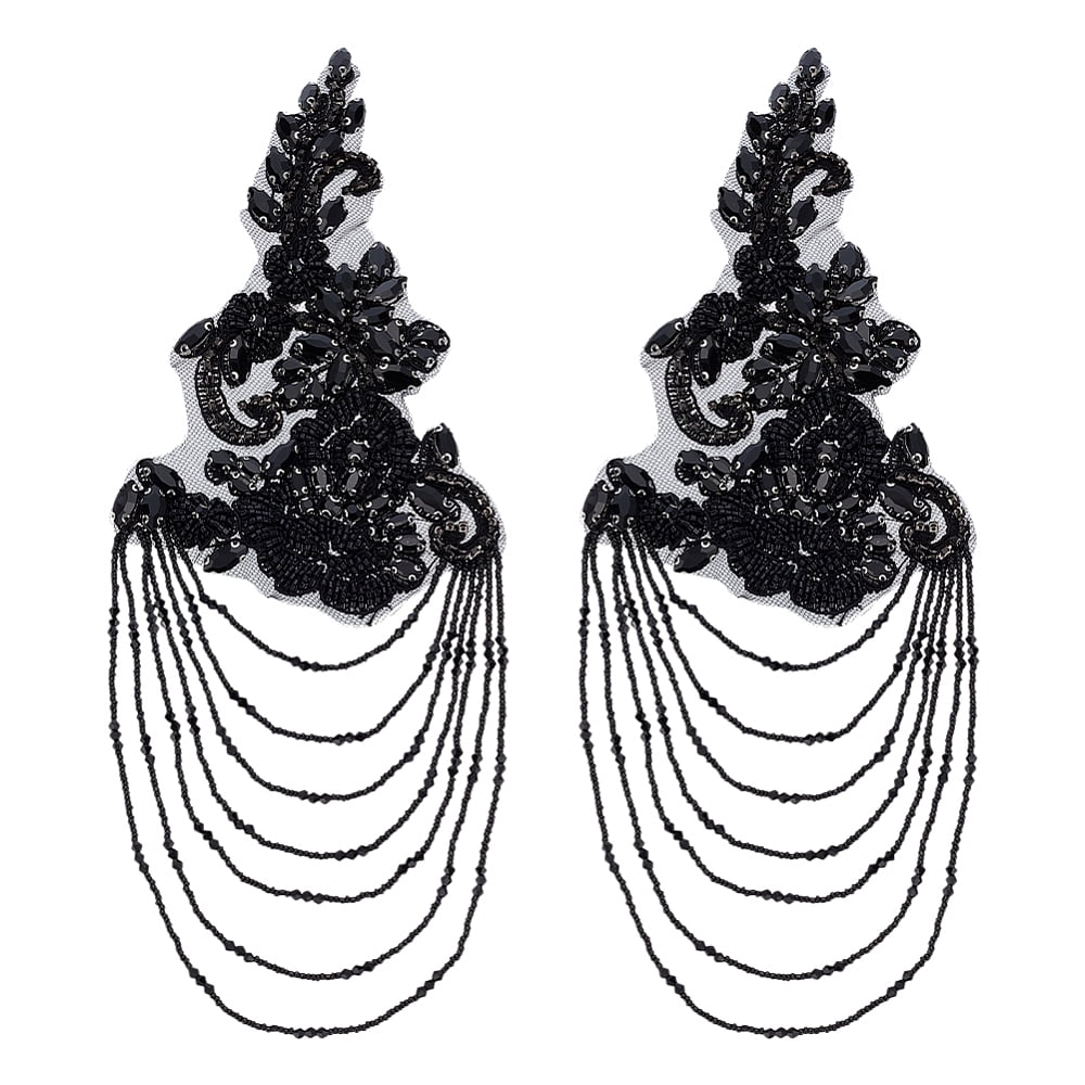 2pcs Rhinestone Sewing Ornaments Flower with Glass Seed Beads Mesh Yarn and Copper Alloy Black 310x118x5.5mm