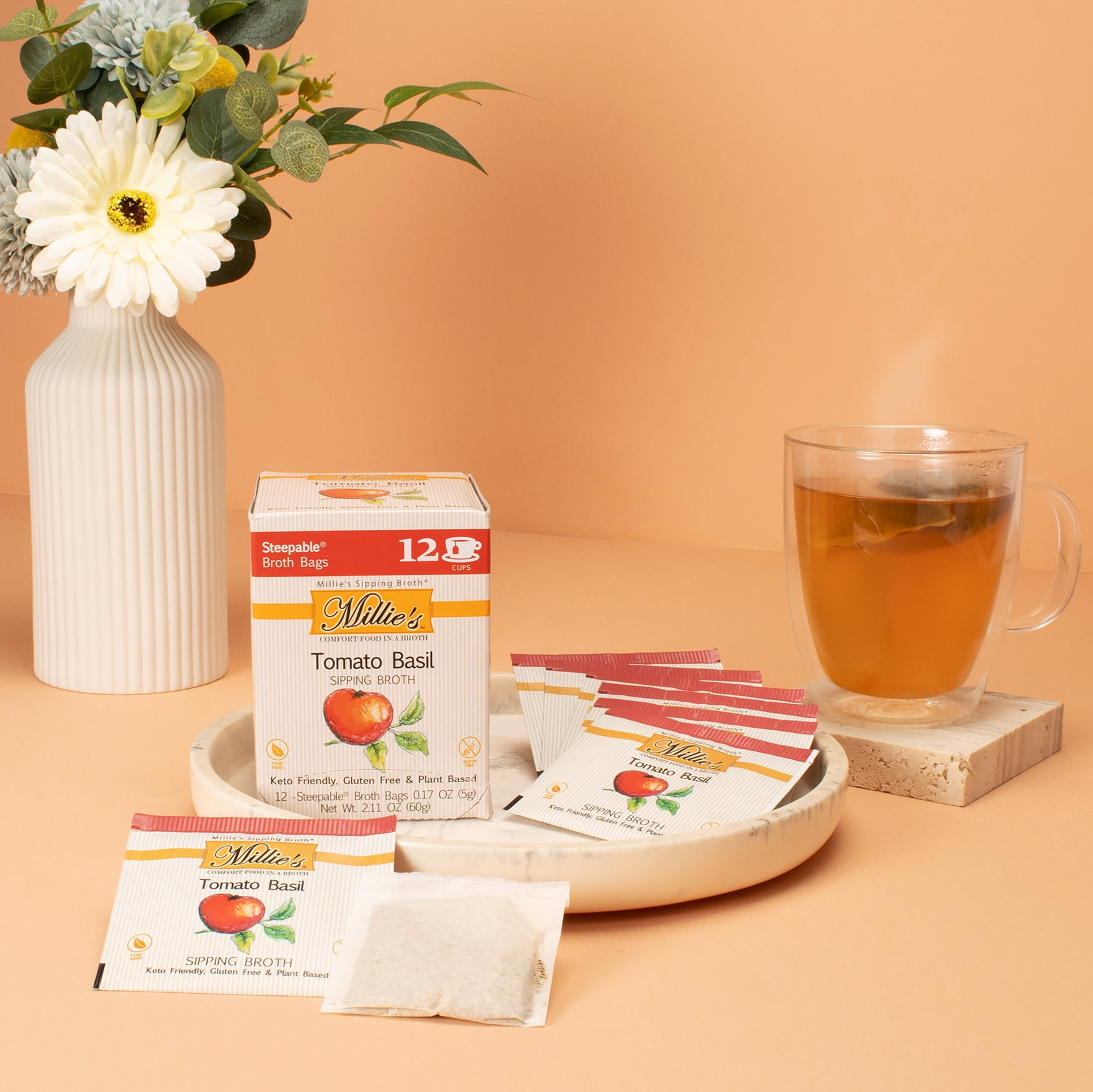 (6 pack) Millie's Sipping Steepable Broth Bags, Tomato Basil, 12 pk