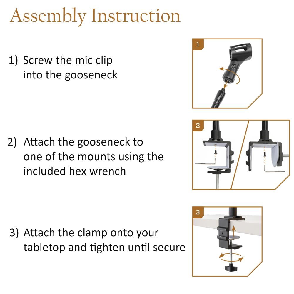 AURAY Microphone Arm Stand Long 12'' Sturdy Gooseneck Mic Stand Adjustable Microphone Arm Stand with Clamp - Mic Holder Flexible Microphone Holder for Podcasting, Radio, Lectures, Singing