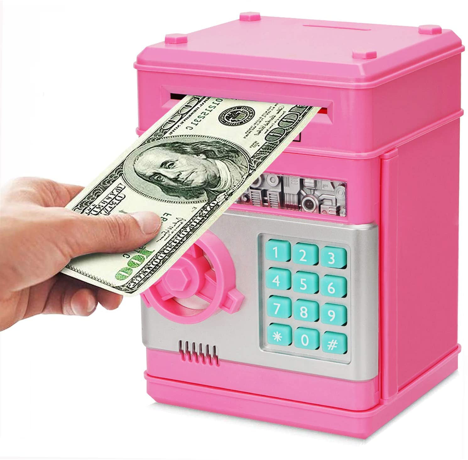 Money Safe Saving Box Cash Coin Piggy Bank Can Mini ATM Kids Toy Girls Gift Pink 
