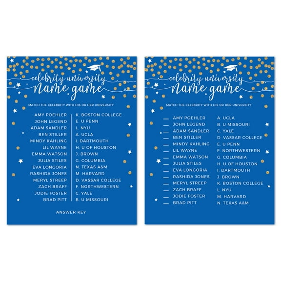 Koyal Wholesale Royal Blue Gold Celebrity Name Game Cards Graduation, 20-Pack