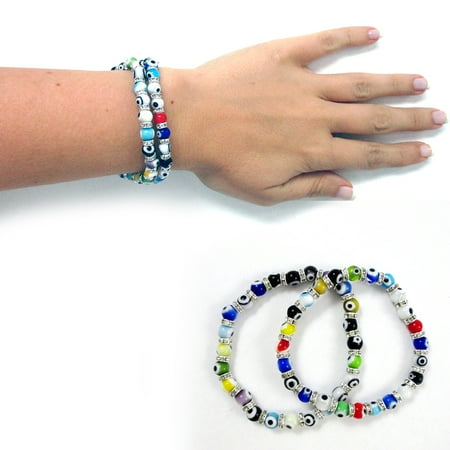 - 2 Pc Evil Eye Bracelet Glass Beads Hamsa Judaica Stretch Jewelry Nazar Kabbalah