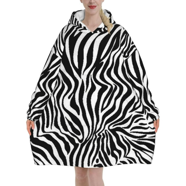 Zebra Print,Women's Oversized Wearable Blanket Hoodie, Blanket Sweatshirt,Flannel Pullover Blanket