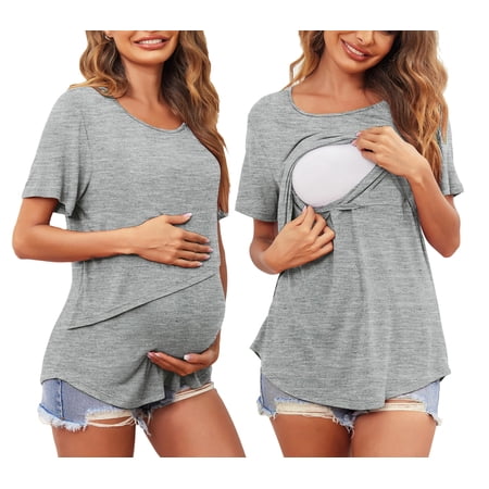 Oudiya Women Maternity Tops Short Sleeve Nursing Shirts Double Layer Breastfeeding Blouse Pregnancy Clothes S-XXL
