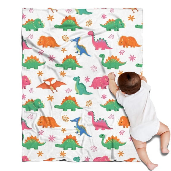 White Dinosaurs Flowers Pattern Blanket,Comfortable Soft Lamb Wool Throw Blanket,All Season,Warm Lightweight Blankets for Sofa Bed Couch Living Room Chair,30"x40"