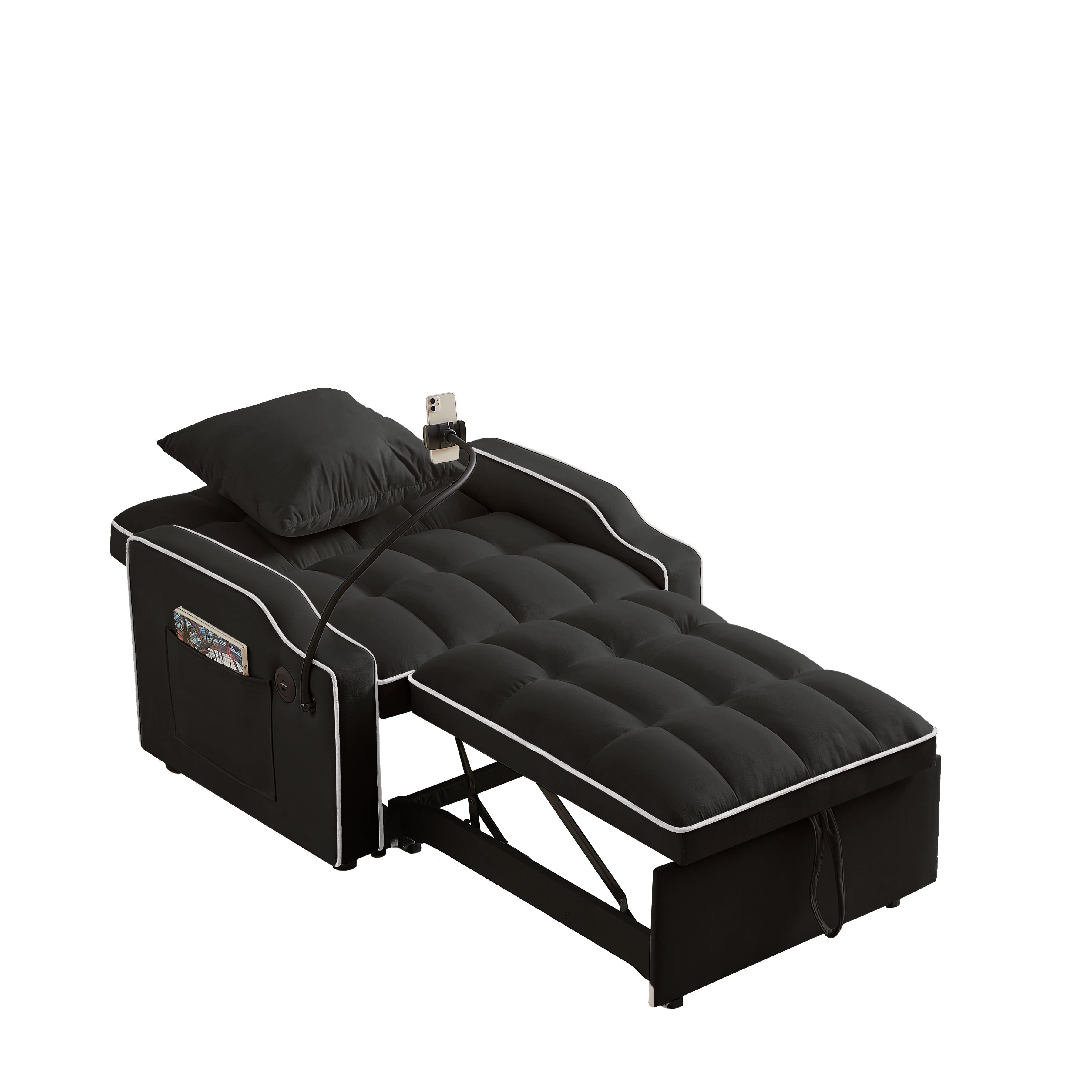 Leumius Convertible Sofa Chair Bed,3-in-1 Sleeper Sofa with Pull-Out Bed,Modern Velvet Single Sofa Chair with Reclining Backrest and Wide Armrest for Living Room Small Space,Black