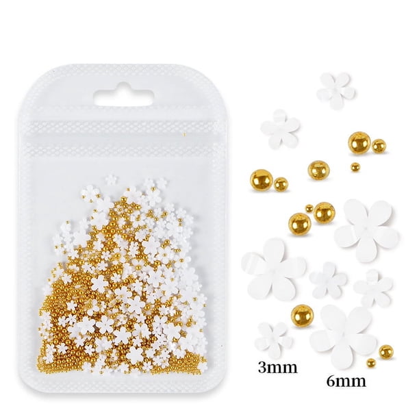 Bolsa de joyería con flores de cinco pétalos para decoración de uñas Joyería de flores acrílicas blancas y rosas con cuentas de oro y plata Flor de resina