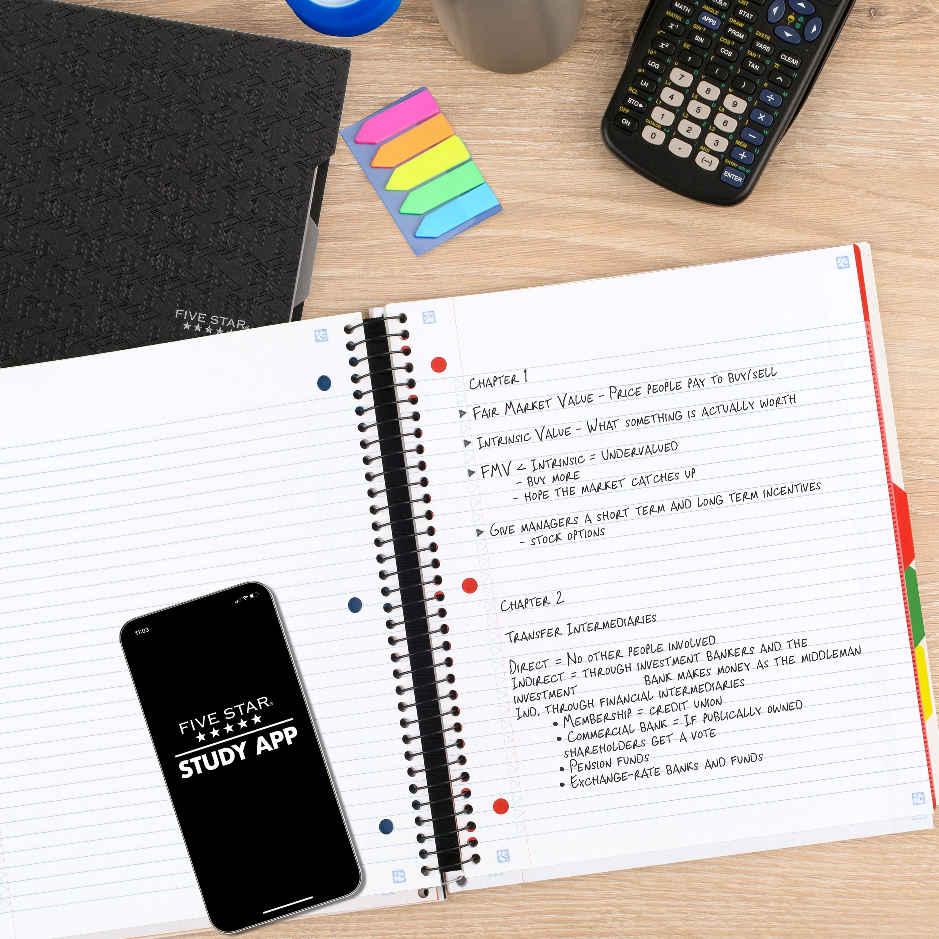 Five Star Advance 5 Subject College Ruled Notebook Plus Study App, 8.5" x 11", White, Poly, Spiral, 200 Sheets