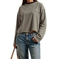 thumbnail image 4 of larppty Striped Long Sleeve Shirt Women Y2k Oversized Crewneck Vintage Tops Fall Winter Drop Shoulder Pullover (Dark Gray, XS), 4 of 5