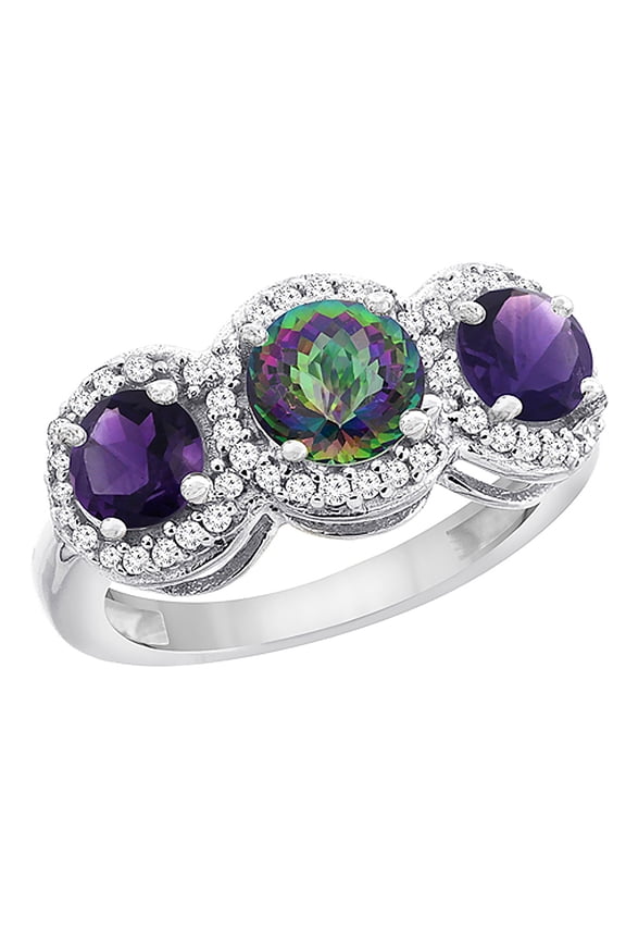 14K White Gold Natural Mystic Topaz & Amethyst Sides Round 3-stone Ring Diamond Accents, size 10