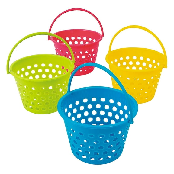 Fun Express 7 1/2" x 5 1/4" Colorful Round Plastic Baskets with Handle - 12 Pieces