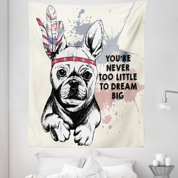 Animal Tapestry, Animal Pub Dog with Tribal Feathers and Inspirational Words Print, Fabric Wall Hanging Decor for Bedroom Living Room Dorm, 5 Sizes, White Black, by Ambesonne