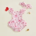 thumbnail image 2 of mgoYE Little Baby Girls 2Pcs Summer Outfits Fly Sleeve Heart Bow Flower Print Bodysuit with Headband Newborn Clothes(Pink,12-18 Months), 2 of 4