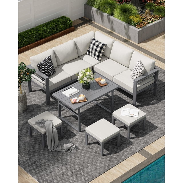 AECOJOY Ensemble de Mobilier de Patio en Aluminium 7 Pcs, Ensemble de Canapé Sectionnel d'Extérieur 8 Places avec Table Réglable, Gris Pâle
