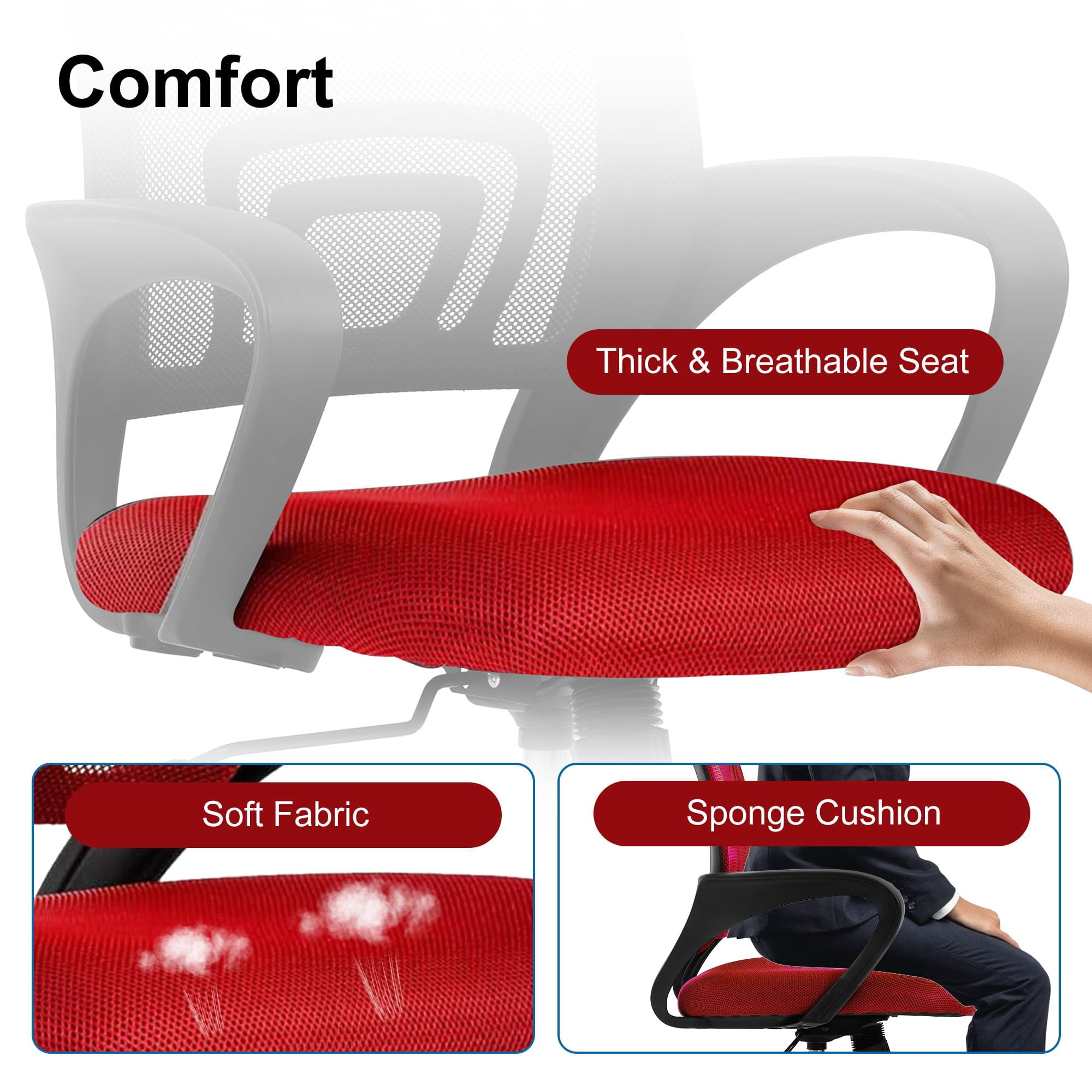 CL.HPAHKL Ergonomic Desk Chair, Mid-Back Mesh Office Chair with Wheels, Rolling Swivel Computer Task Chair for Home Office, Fixed Armrests, Tilt & Height Adjustable, Red