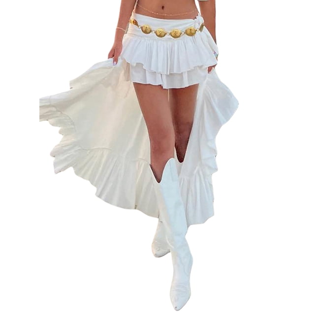 Fortune Women's White Boho Asymmetrical Midi Skirt with Ruffle and Low Waist