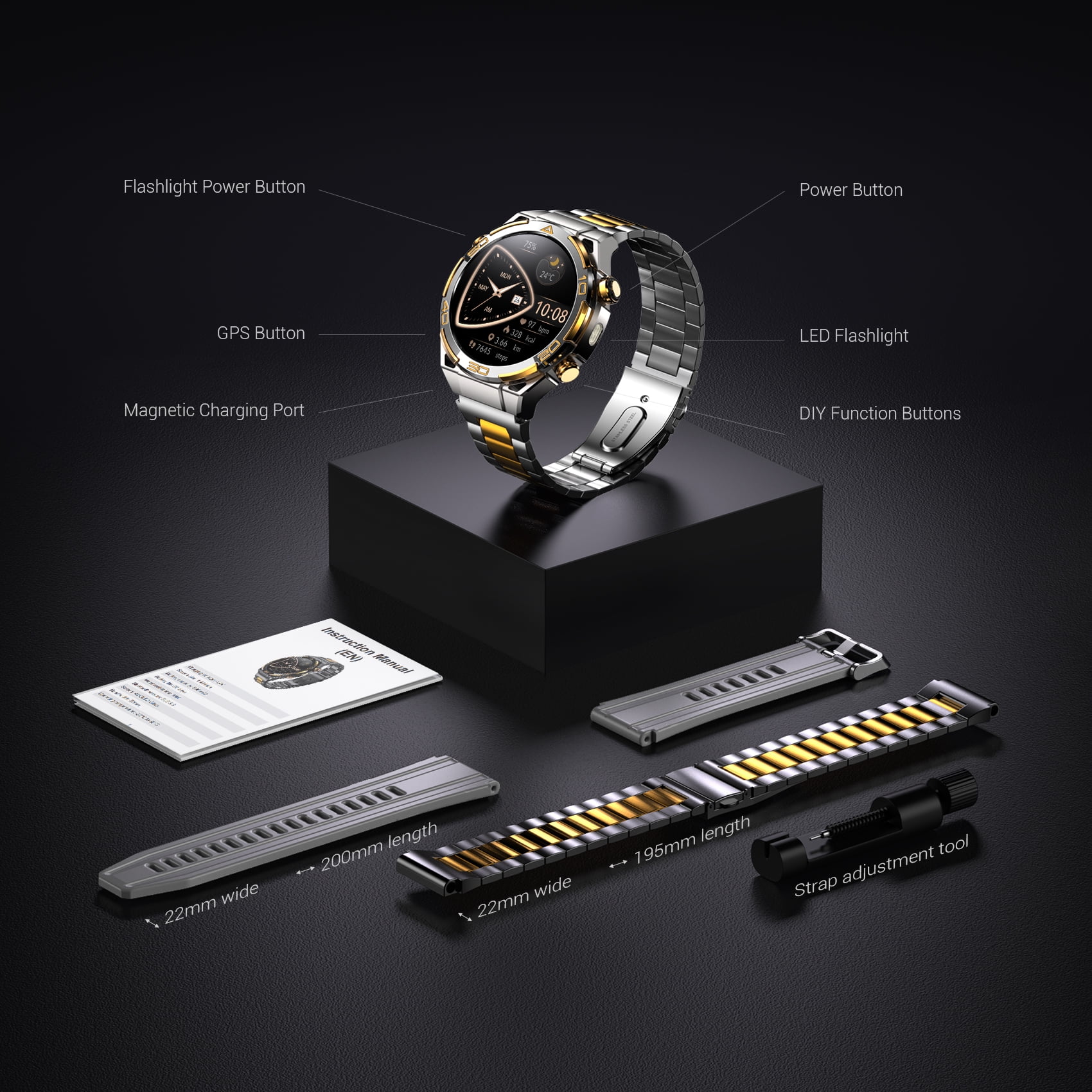 Blackview AMOLED GPS Smart Watch for Men, 1.43" HD Display Bluetooth Calling Smartwatch with Steel Band, Compass, Flashlight, 900mAh Battery, Outdoor Fitness Watch for Android iPhone (Silver)