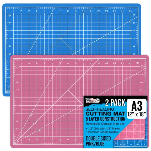 U.S. Art Supply 12" x 18" Self-Healing Cutting Mat 5-Ply (2 Pack) - Double-Sided Pink/Blue Craft Mat, Non-Slip Cutting Mats for Crafts, Sewing, Quilting, Scrapbooking