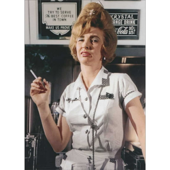 Avanti Press Waitress with Annoyed Look Holding Cigarette Vintage Photo Funny Birthday Card