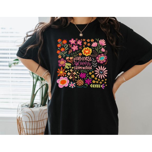Happiness Blooms from Within Shirt Retro Style Floral Self Love Tee Mental Health Gift Aes