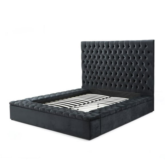 Pemberly Row Queen Velvet Tufted Upholstered Storage Platform Bed in Black