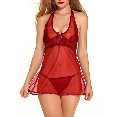 

FOREVER Women Sheer Sexy Lingerie Set See Through Babydoll Lace Nightdress G-String Thongs Nightie Sleepwear Dress
