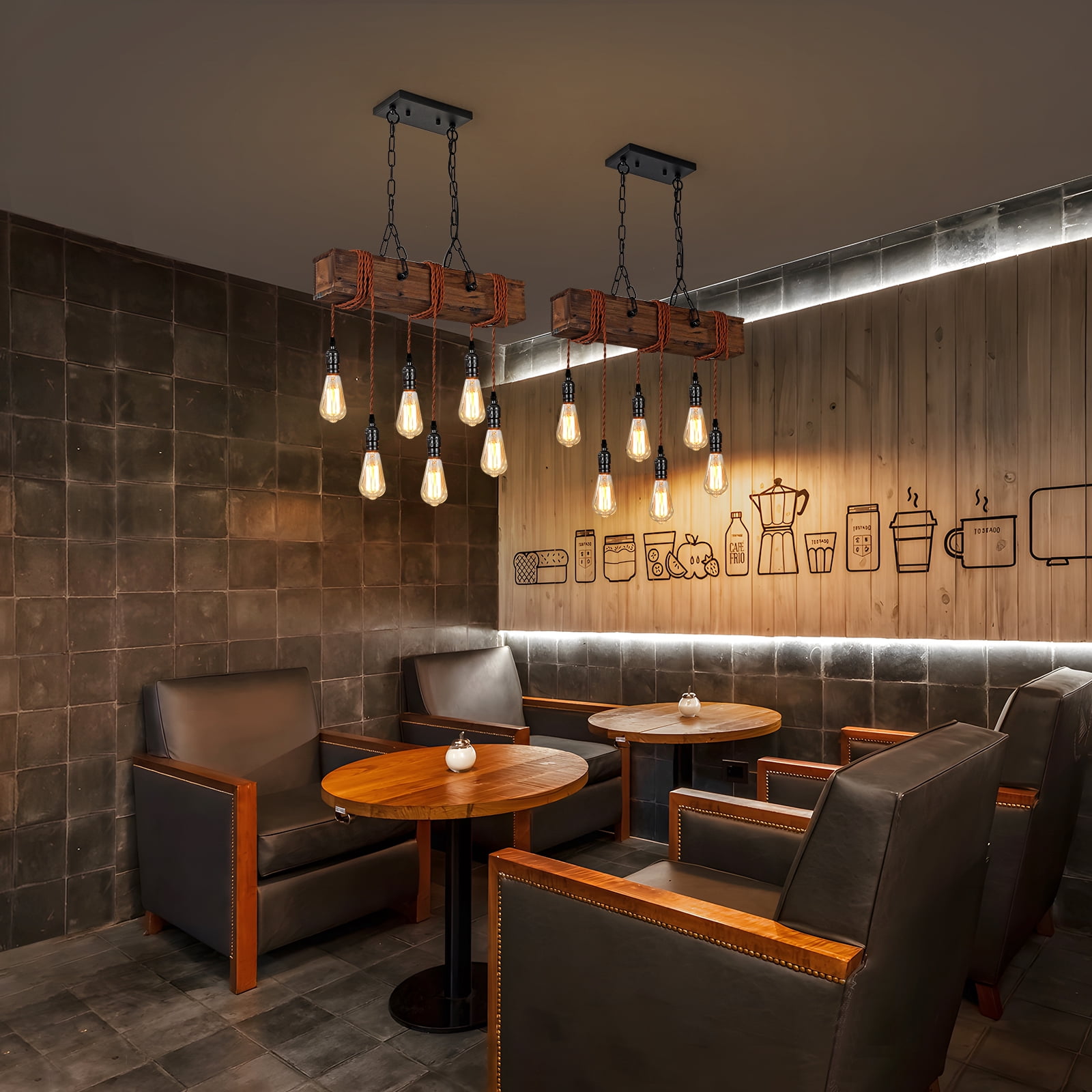 6-Light Farmhouse Chandelier Dining Room Light Fixture Over Table Hanging Wood Kitchen Island Light Fixtures, Black Chandelier Ceiling Pendant Light for Kitchen Island Living Room