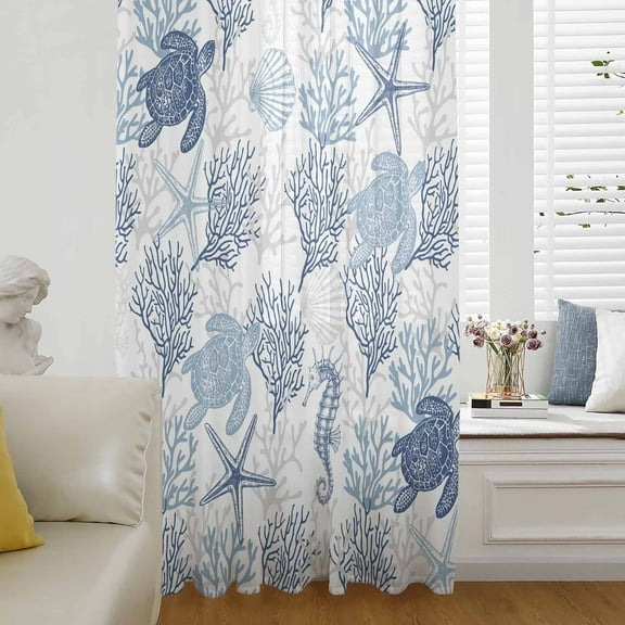 Navy Blue Grey Coastal Semi Sheer Curtains Drapes for Living Room,Bedroom,French Doors Window 96 Inches Long,Sea Turtle Nautical Coral Summer Beach Rod Pocket Chiffon Curtain Drapery Voile Panel