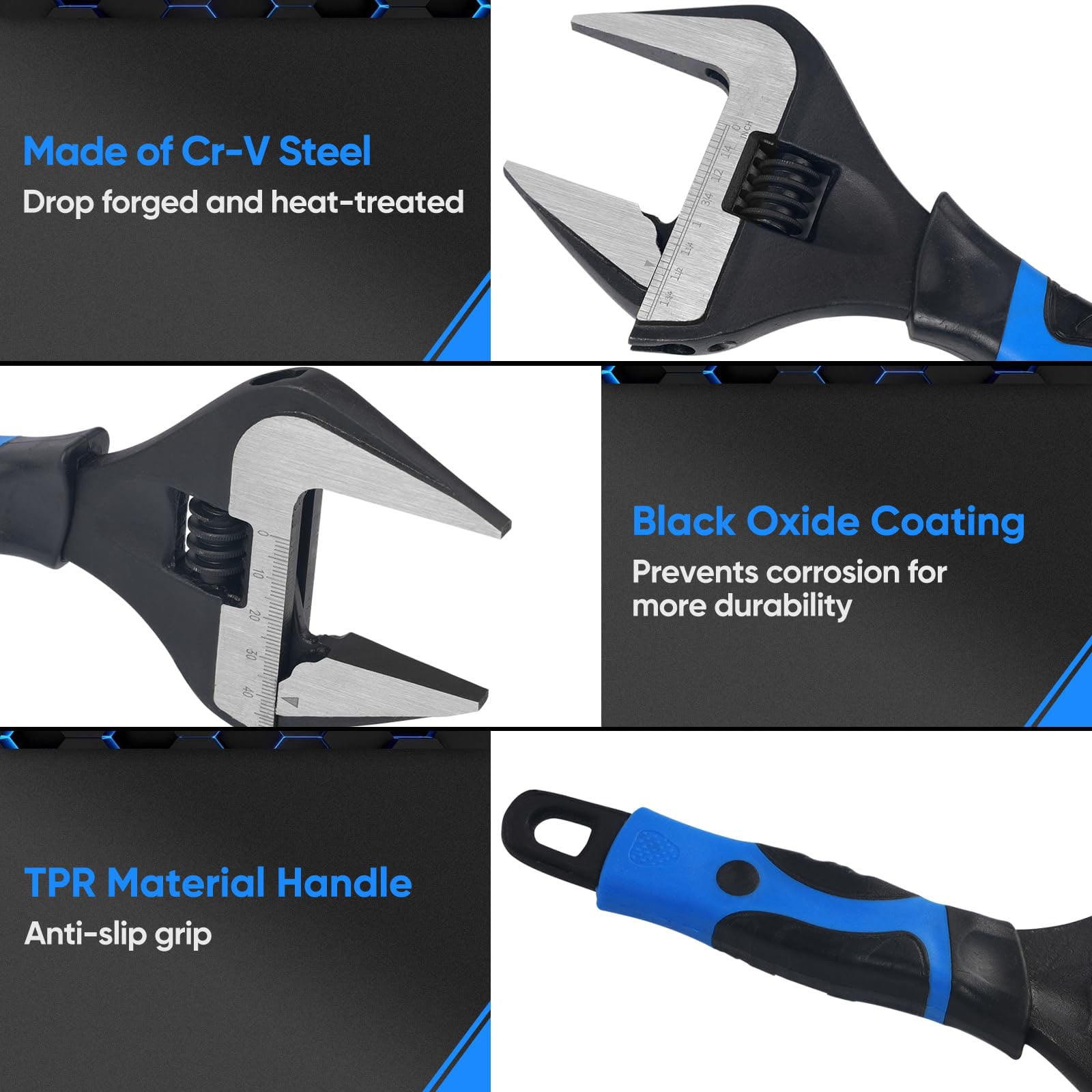 2 Pcs Wide Opening Adjustable Wrench Set, 6 Inch & 10 Inch Deep Jaw Wrenches, for Home, Garage, and Workshop DIY