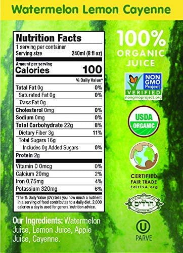 Wonder Melon Organic Watermelon Juice with Lemon & Cayenne, 8.45oz 6 Pack 100% Juice, Cold Pressed