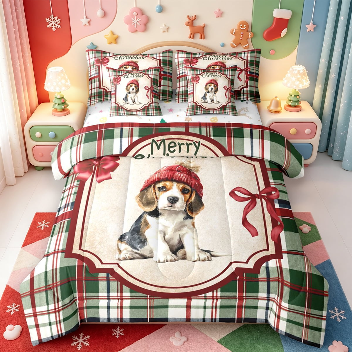 Manfei Christmas Happy Holiday 7-Piece Twin Bedding,Kawaii Snowman Bedding Comforter Set,Xmas Reversible