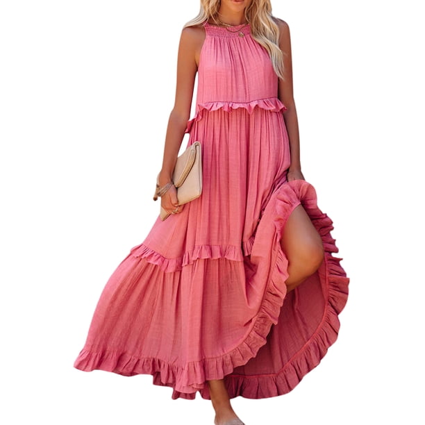 VISgogo Vestido sin mangas de verano para mujer, color sólido, cuello cuadrado, sin mangas, informal, de una pieza con dobladillo con volantes para damas, S / M / L VISgogo moda