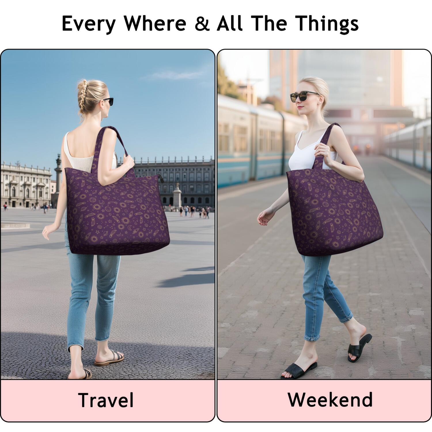 Purple Sun Planet Rocket Star Pattern Travel Tote Bags for Women Carry On,Large Weekender Bags for Women Travel,Multi Functional Duffle Bag for Work,Shopping,Sports