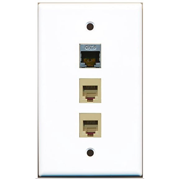 RiteAV - 2 Port Phone RJ11 RJ12 Beige and 1 Port Shielded Cat6 Ethernet Wall Plate