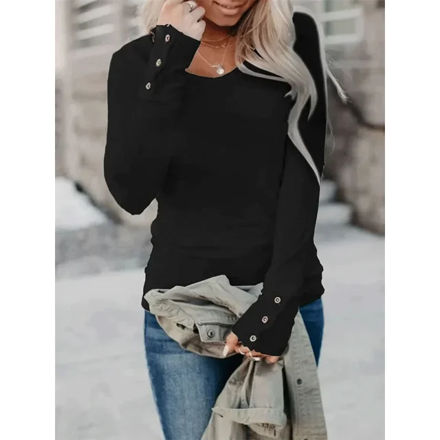 Camiseta de manga larga con empalme de botones para mujer, camisetas de tendencia informales cómodas, Tops de cuello redondo para mujer, Otoño e Invierno