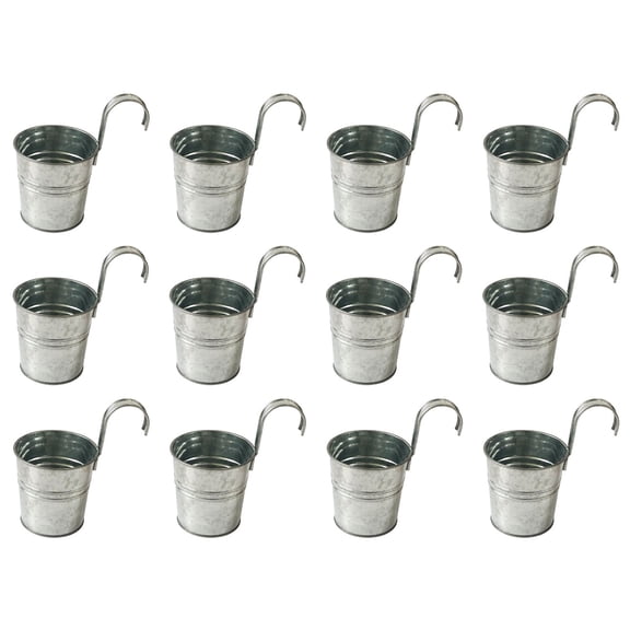 DaHo 12pc Small Metal Railling Hanging Planter, Hanging Flower Plant Pot, Bucket with Hook, Indoor or Outdoor