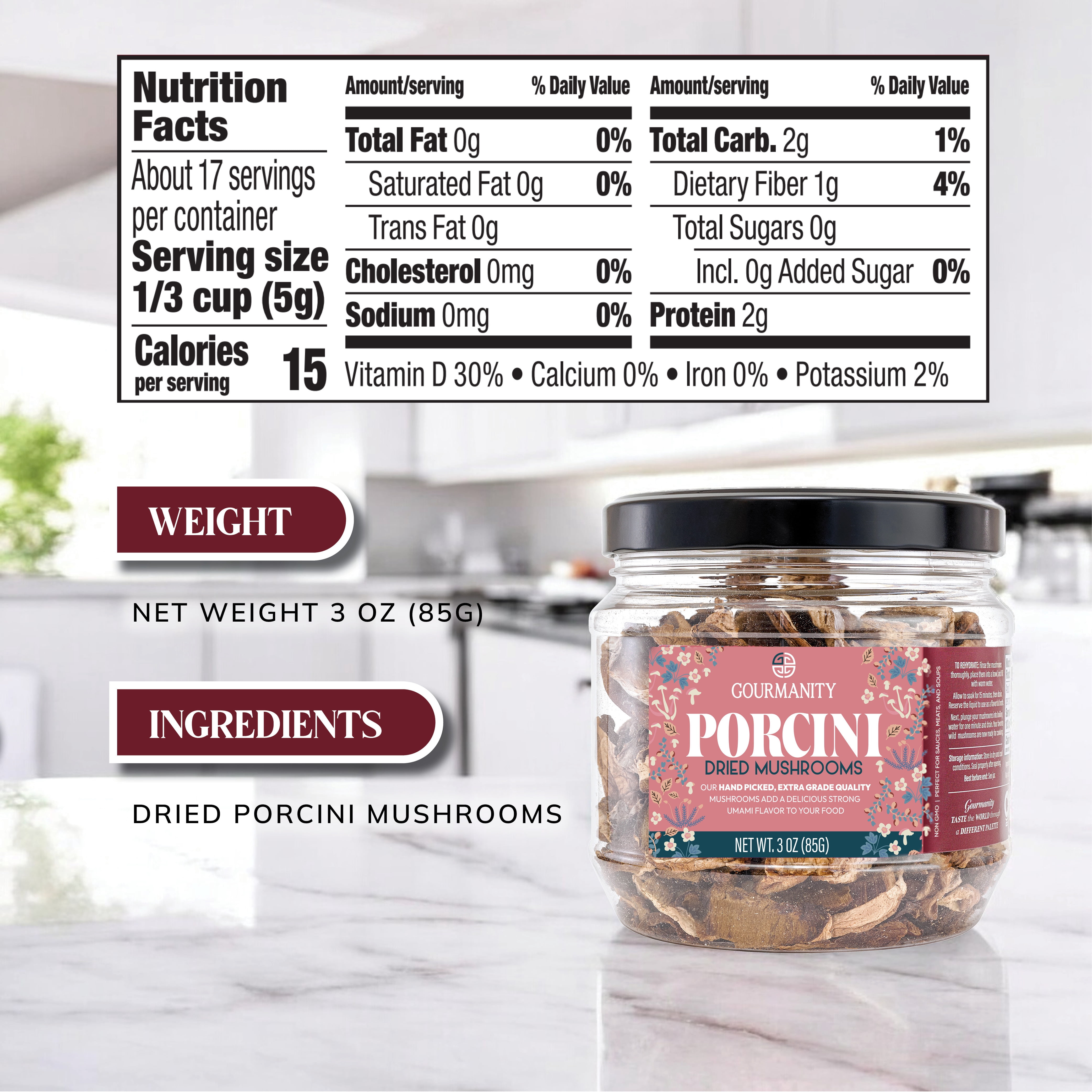 Gourmanity 3oz Dried Porcini Mushrooms, Extra Grade Dried Mushrooms, Umami Flavor Captured, Great for Cooking, Non GMO