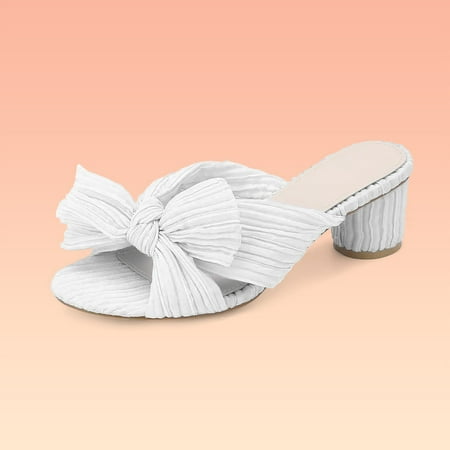 Heeled Sandals for Women Chunky Heels Open Round Toe Bowknot Block Mid Heel Slip On Work Casual shoes
