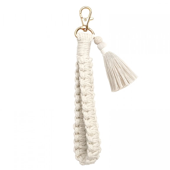 DESIGNICE Macrame Keychain Bracelet Handmade Wristlet Keychain with Tassel Lanyard Weave Holder for Women - White